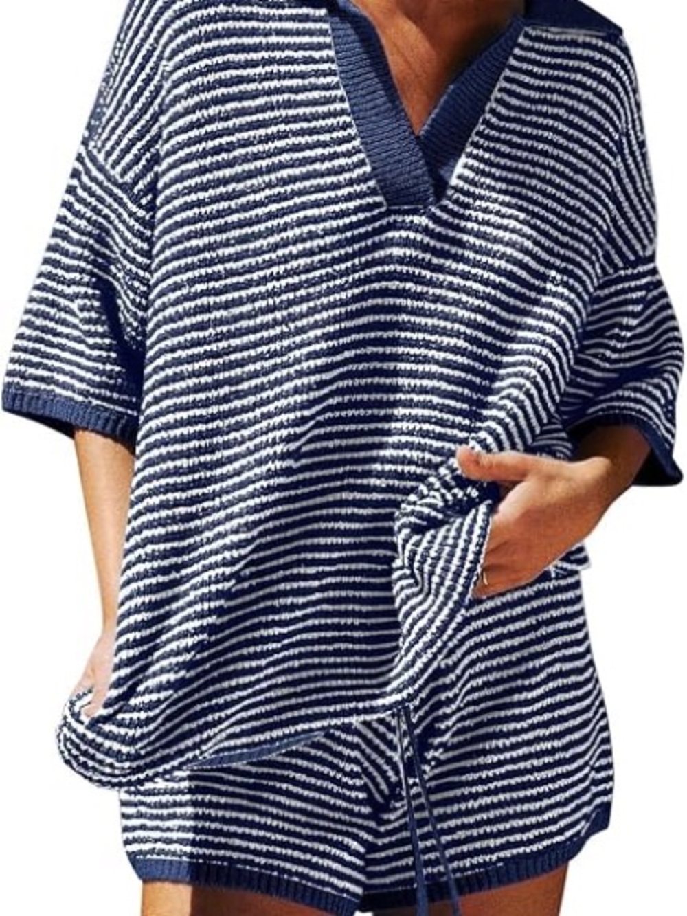 Navy and White Striped V-Neck Sweater
